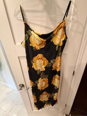 bebe Cowl Neck Black Dress with Golden Yellow Rose Print